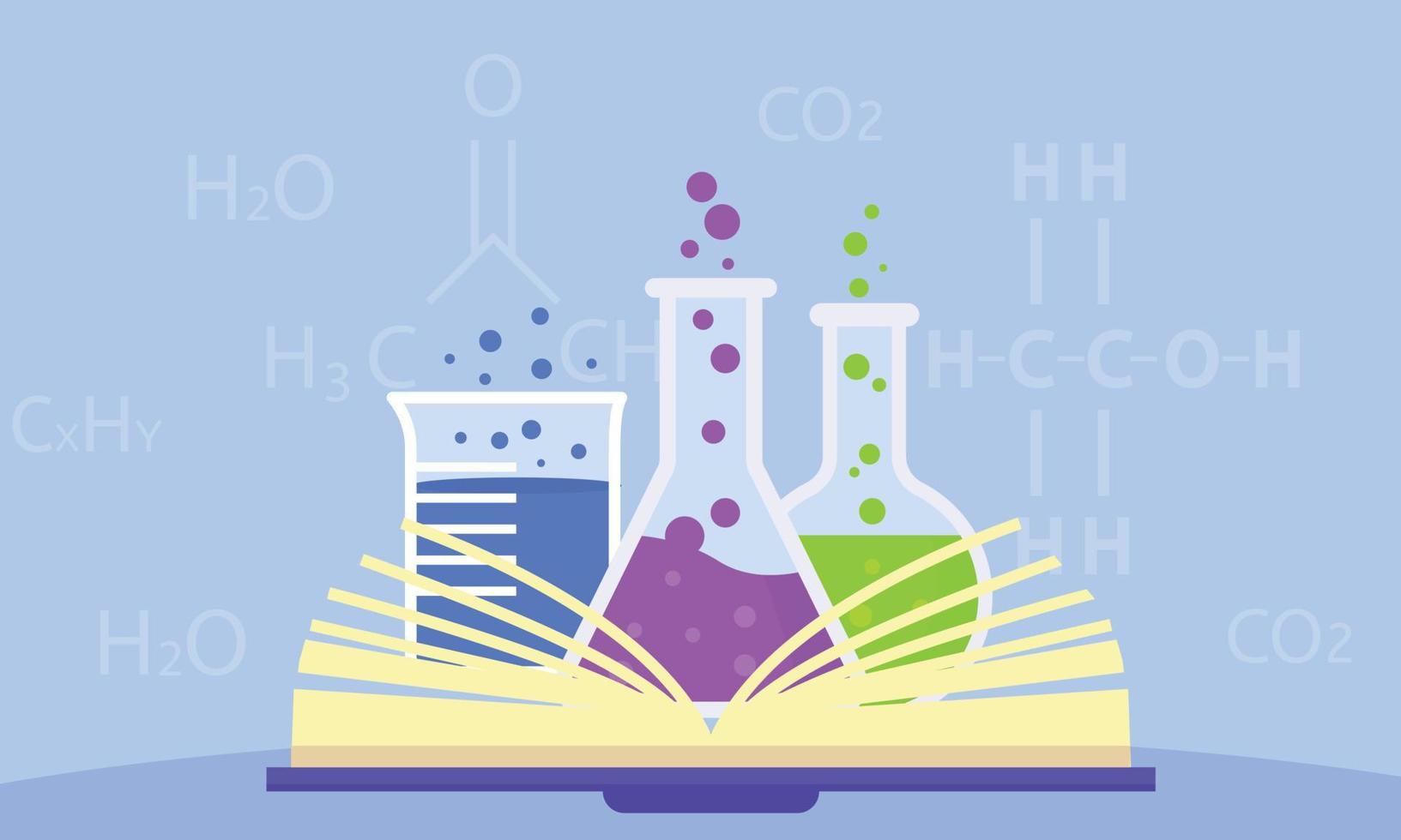 Offener Hintergrund des Chemiebuchkonzepts, flacher Stil vektor