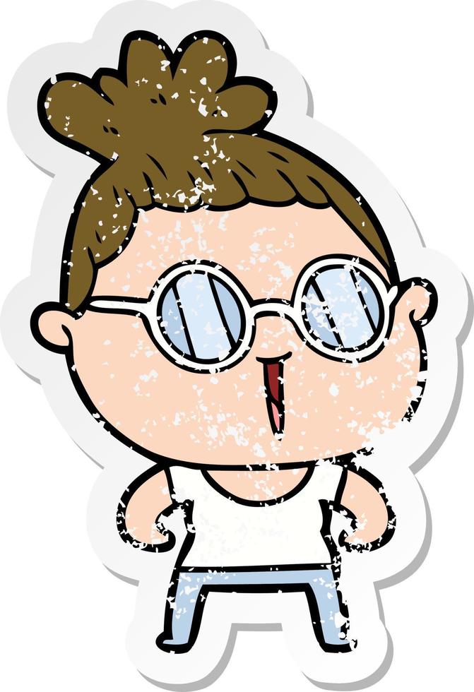 Distressed-Sticker einer Cartoon-starken Frau mit Brille vektor