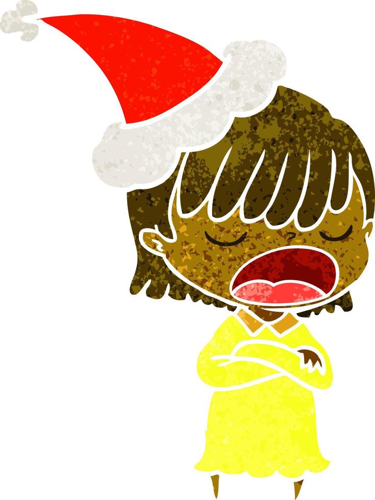 Retro-Karikatur einer Frau, die laut spricht und eine Weihnachtsmütze trägt vektor