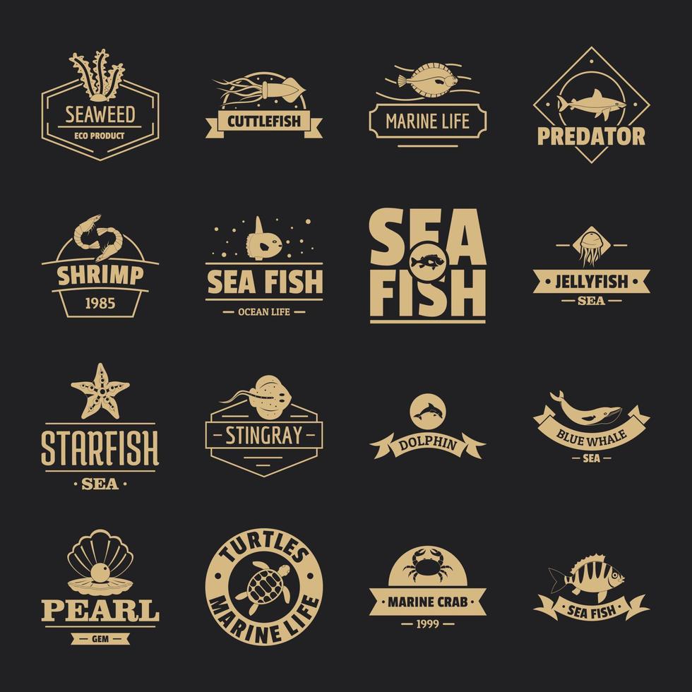 Fisch-Meer-Logo-Icons Set, einfachen Stil vektor