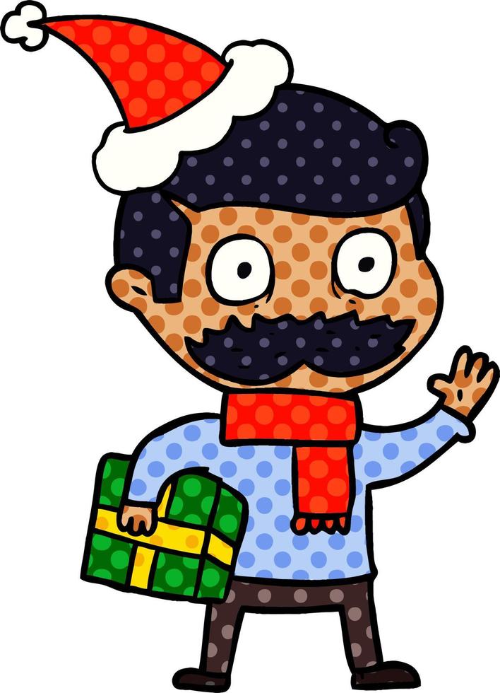 Comic-Stil Illustration eines Mannes mit Schnurrbart und Weihnachtsgeschenk mit Weihnachtsmütze vektor