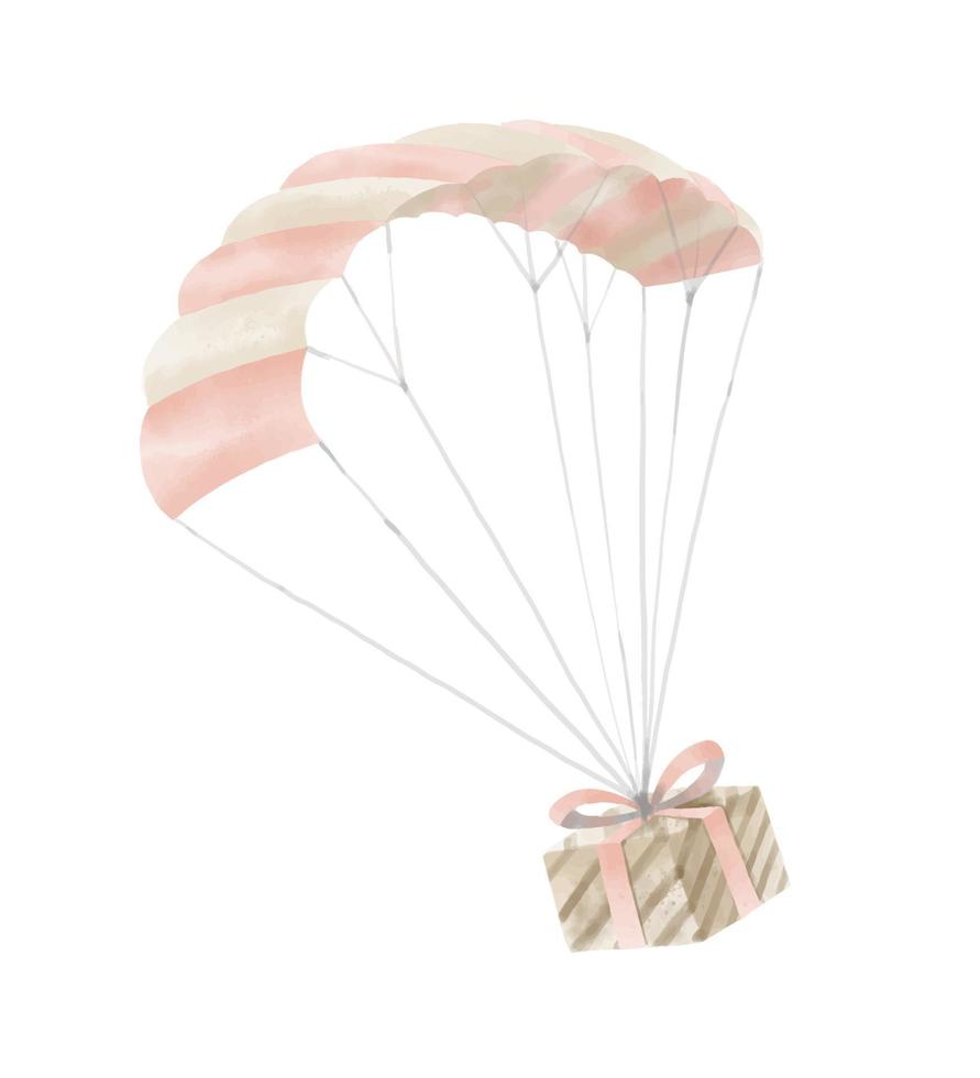 aquarellillustration des fallschirms mit geschenkbox. hand gezeichnete skizze für geburtstagseinladung oder lieferservice-symbol. skizzieren Sie o weißen isolierten Hintergrund vektor