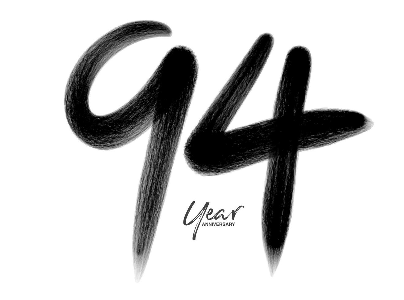 94 års jubileumsfirande vektormall, 94 år logotypdesign, 94-årsdag, svarta bokstäver siffror penselteckning handritad skiss, nummerlogotypdesign vektorillustration vektor
