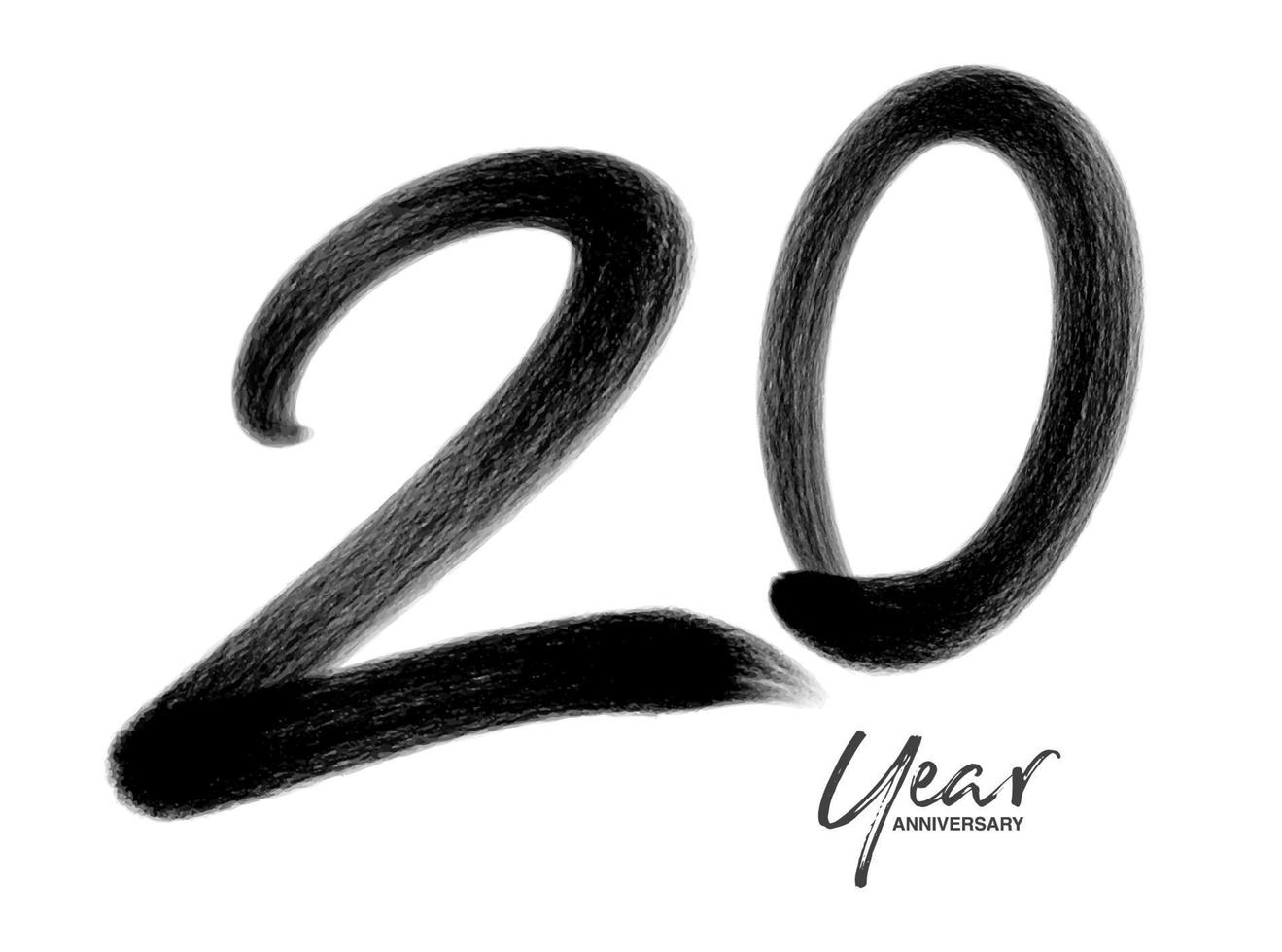 20 Jahre Jubiläumsfeier Vektorvorlage, 20 Jahre Logodesign, 20. Geburtstag, schwarze Buchstaben Zahlen Pinselzeichnung handgezeichnete Skizze, Nummer Logo Design Vektorillustration vektor