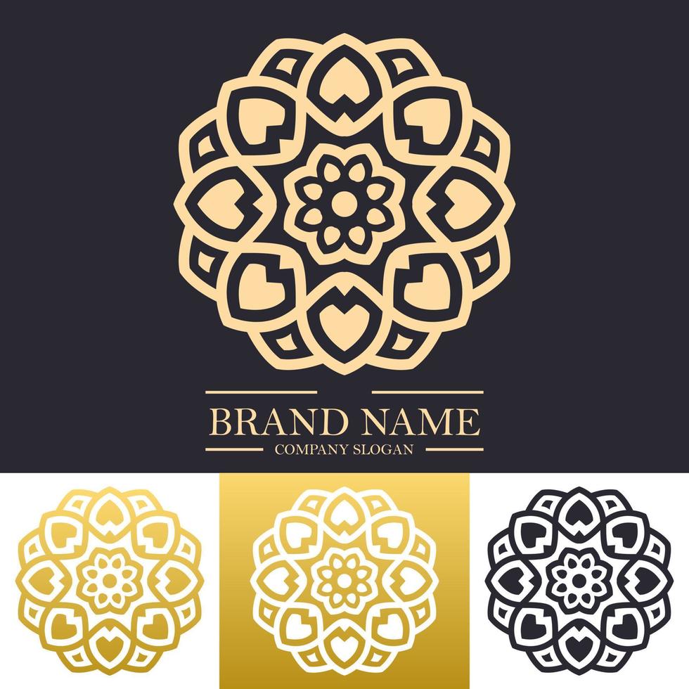 lyxig mandala logotyp designmall med gyllene färg och stjärna eller blommig linjekoncept vektor