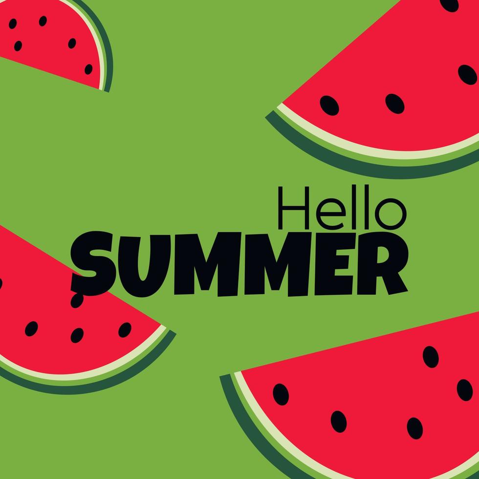 Vektorkarte mit Wassermelone und Schriftzug. Hallo Sommer. typografisches bedruckbares Banner für Sommerdesign. Handzeichnung abstrakte Frucht. vektor