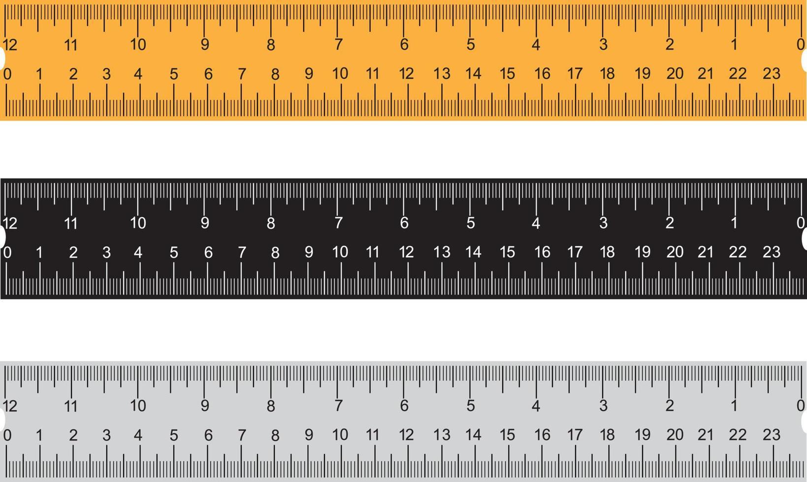 uppsättning av tre linjaler på transparent bakgrund. plastgul, svart, grå isolerad linjal med dubbel sida som mäter tum och centimeter. vektor