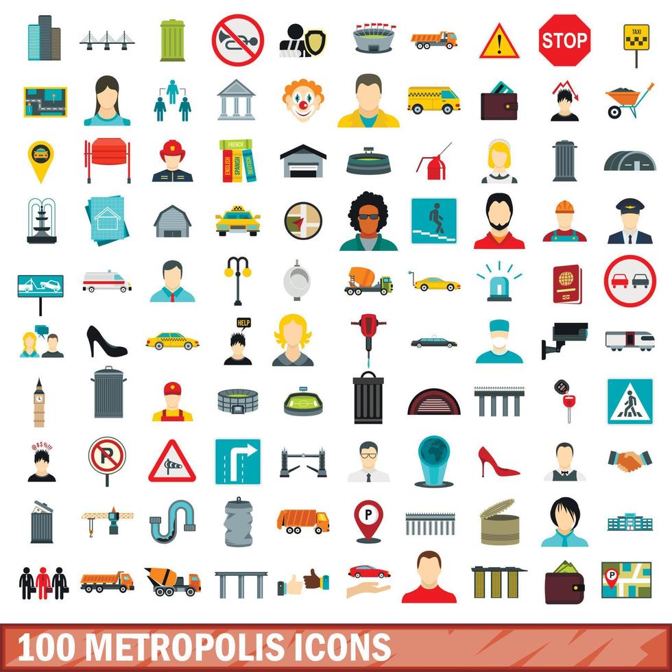 100 Metropolen-Icons gesetzt, flacher Stil vektor