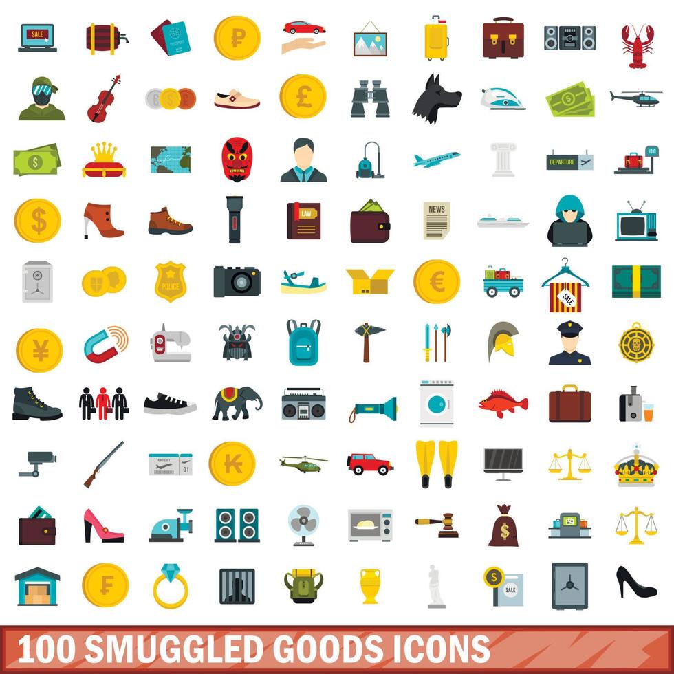 100 smugglade varor ikoner set, platt stil vektor