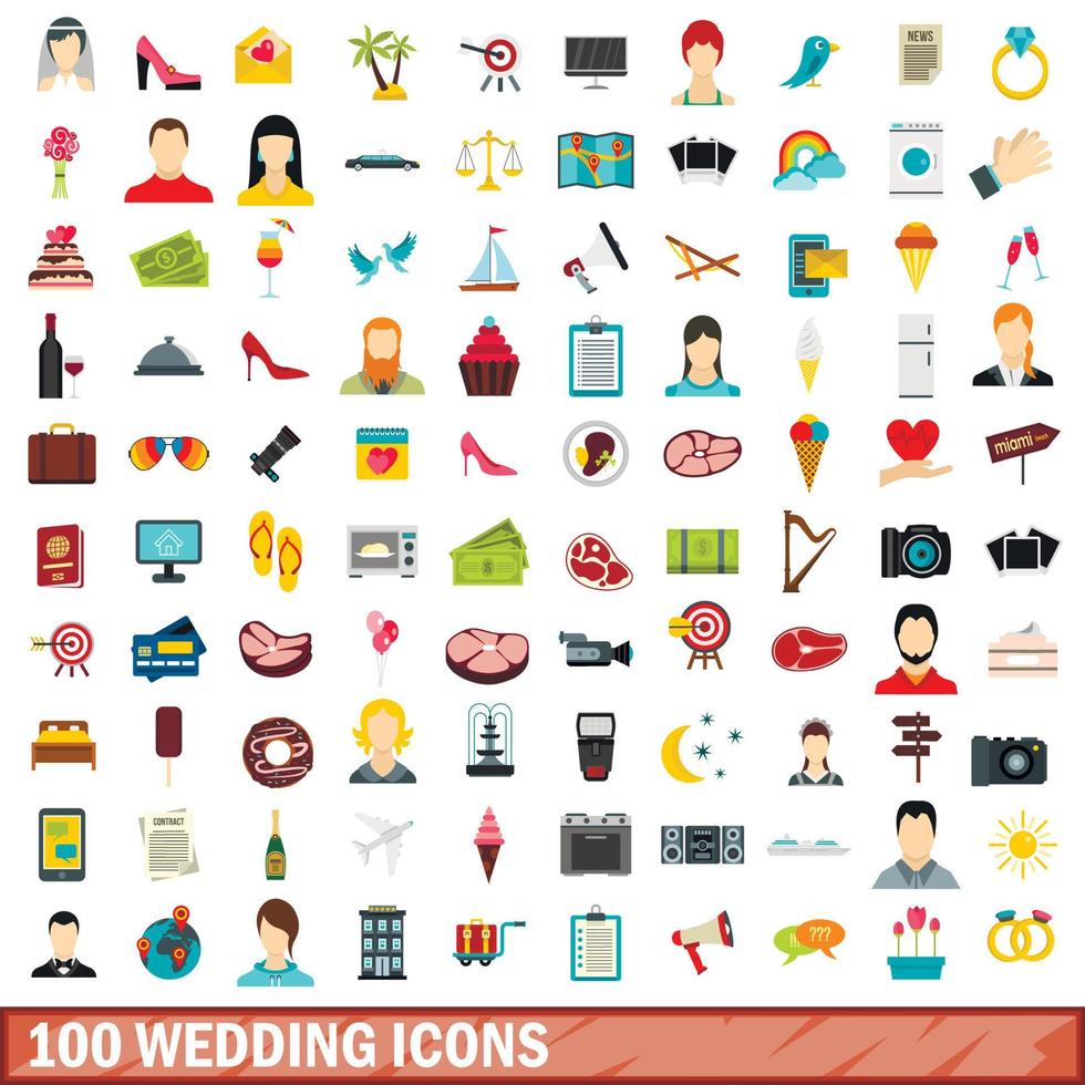 100 Hochzeitssymbole gesetzt, flacher Stil vektor