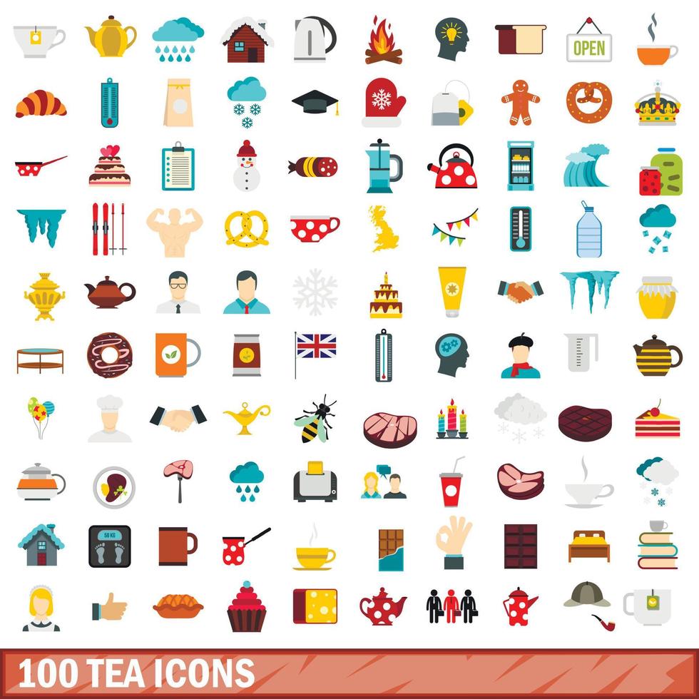 100 Tee-Icons gesetzt, flacher Stil vektor