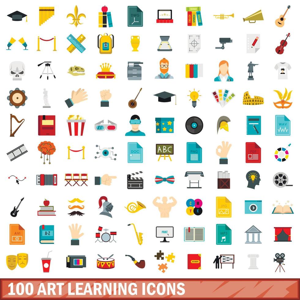 100 konst lärande ikoner set, platt stil vektor