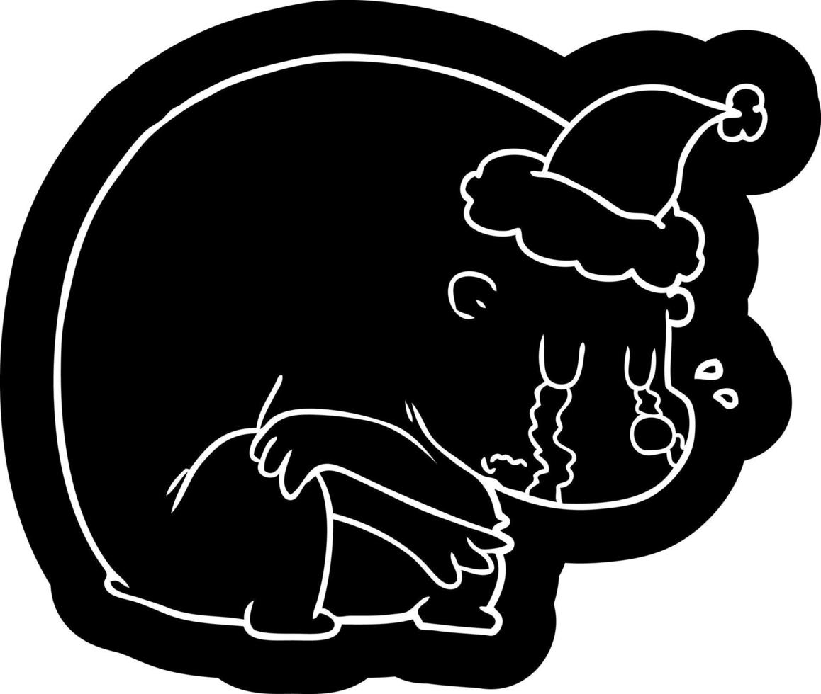 Weinende Cartoon-Ikone eines Eisbären mit Weihnachtsmütze vektor