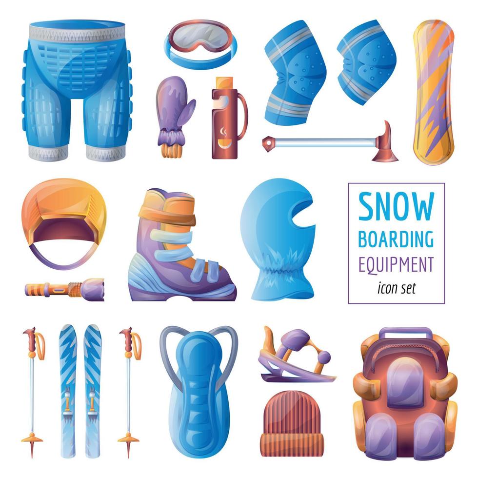 Snowboardausrüstung Icons Set, Cartoon-Stil vektor