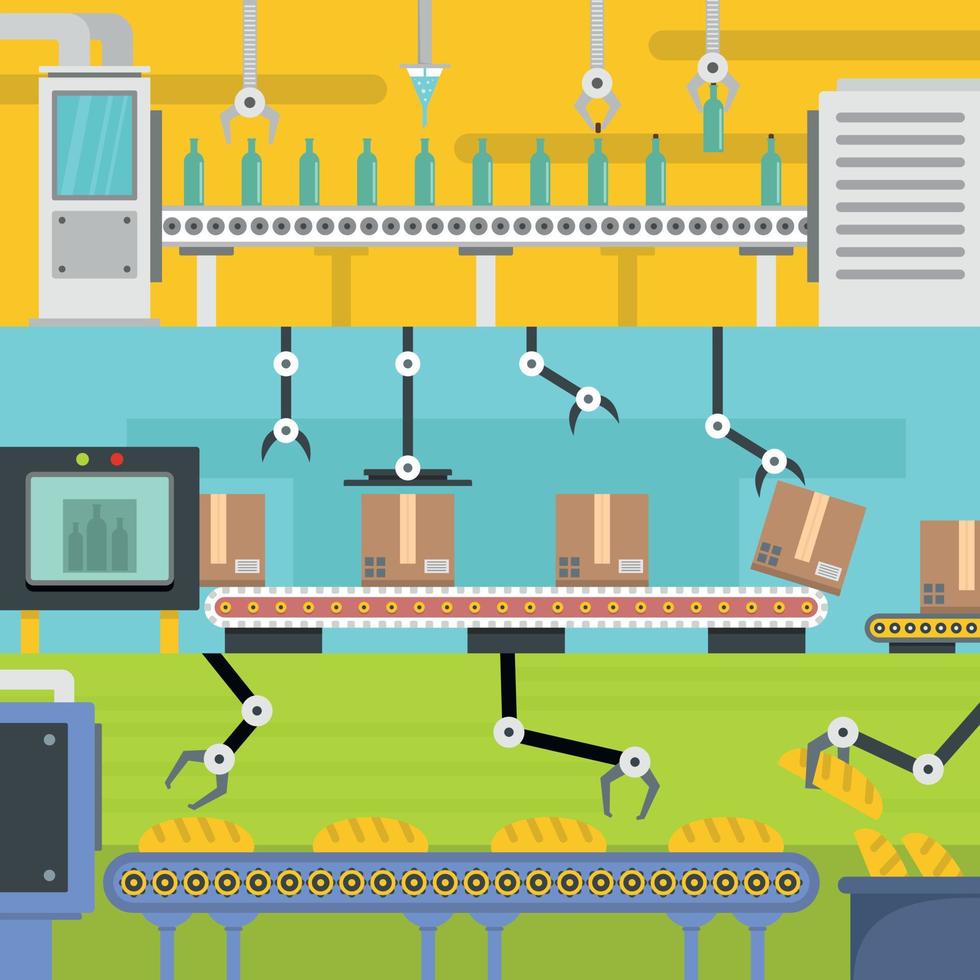 produktionslinje banner horisontell uppsättning, platt stil vektor