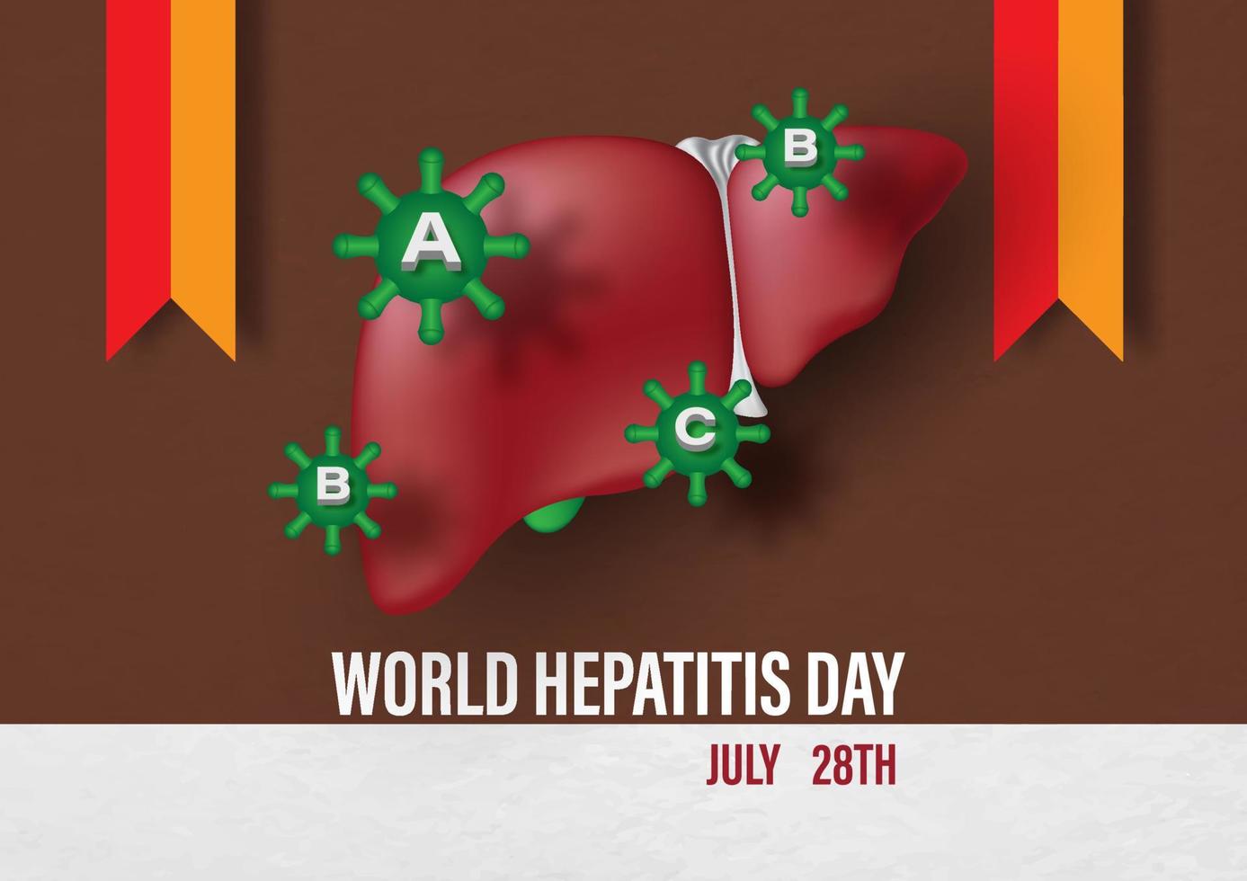 Symbol des Hepatitis-Virus auf der menschlichen Leber mit Kampagnenbändern und Wortlaut des Welthepatitis-Tag-Isolats auf braunem und weißem Papiermusterhintergrund. vektor