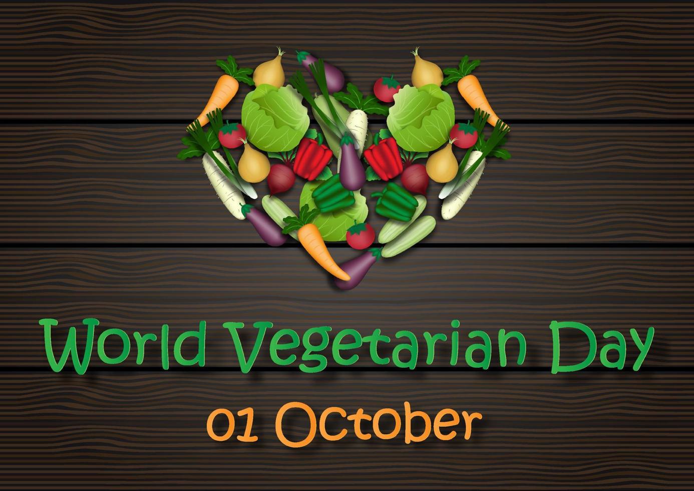 hög och variation av grönsaker i en hjärtform med dagen och namnet på händelsen på mörkt trämönsterbakgrund. kort och affisch av världens vegetariska dagkampanj i vektordesign. vektor
