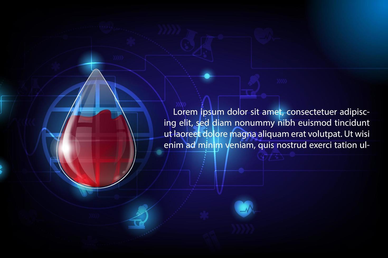 jätte bloddroppe i glasdesign på abstrakt i högteknologi av medicinsk design och glödande blå ljus bakgrund. vektor