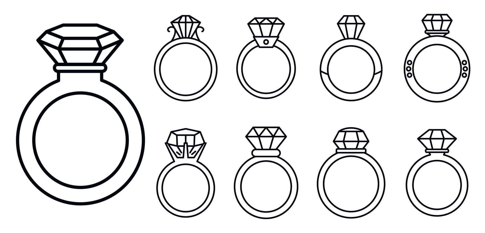 Mädchen-Diamant-Ring-Symbole gesetzt, Umriss-Stil vektor