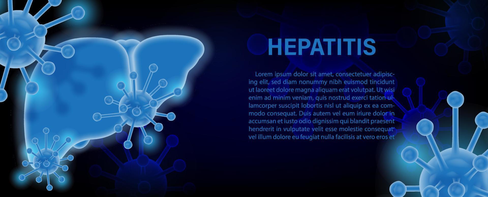 närbild och beskära symboler av virus i neonblått med 3d-stil och formulering av hepatit, exempeltexter på virussymbolsmönster och mörkblå bakgrund. vektor
