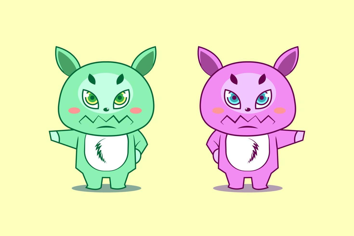 illustration av gröna och rosa griniga monster par för maskot logotyp och barnbok isolerade på gult vektor
