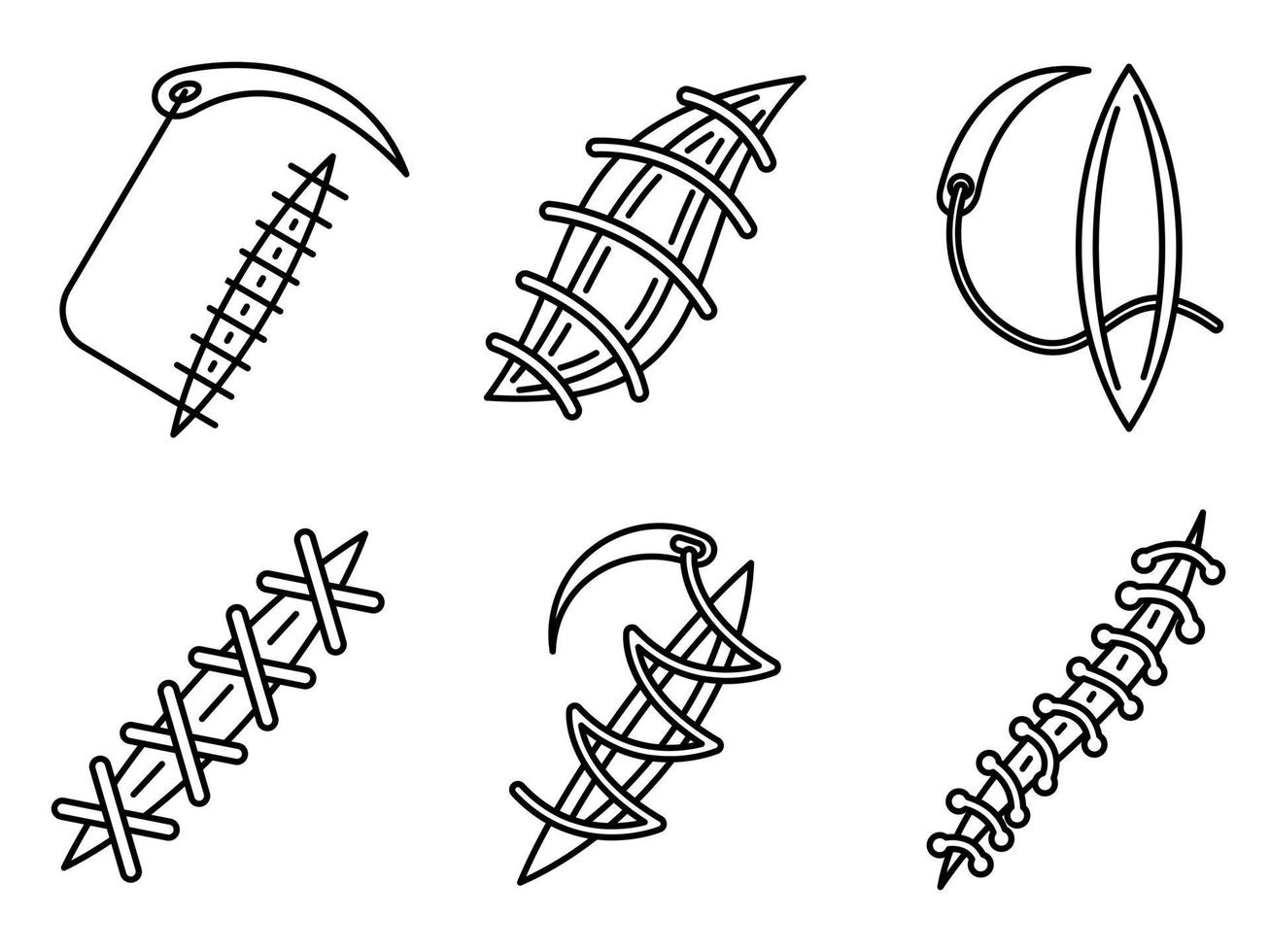 Symbole für medizinisches Nahtmaterial, Umrissstil vektor