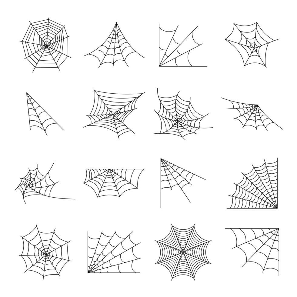 web spindel spindelnät ikoner set, dispositionsstil vektor