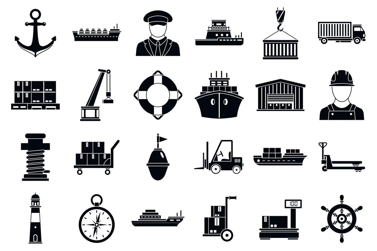 marina hamn transport ikoner set, enkel stil vektor