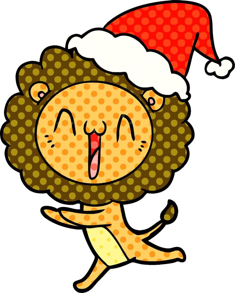 Fröhliche Illustration im Comic-Stil eines Löwen mit Weihnachtsmütze vektor