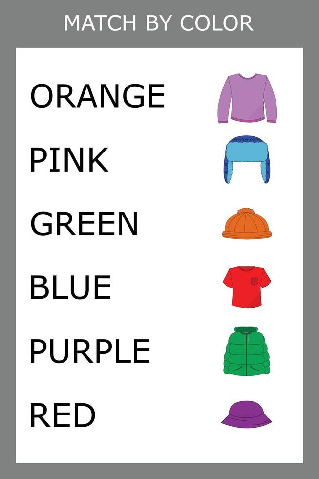 koppla ihop färgens namn och klädernas karaktär. logikspel för barn. vektor
