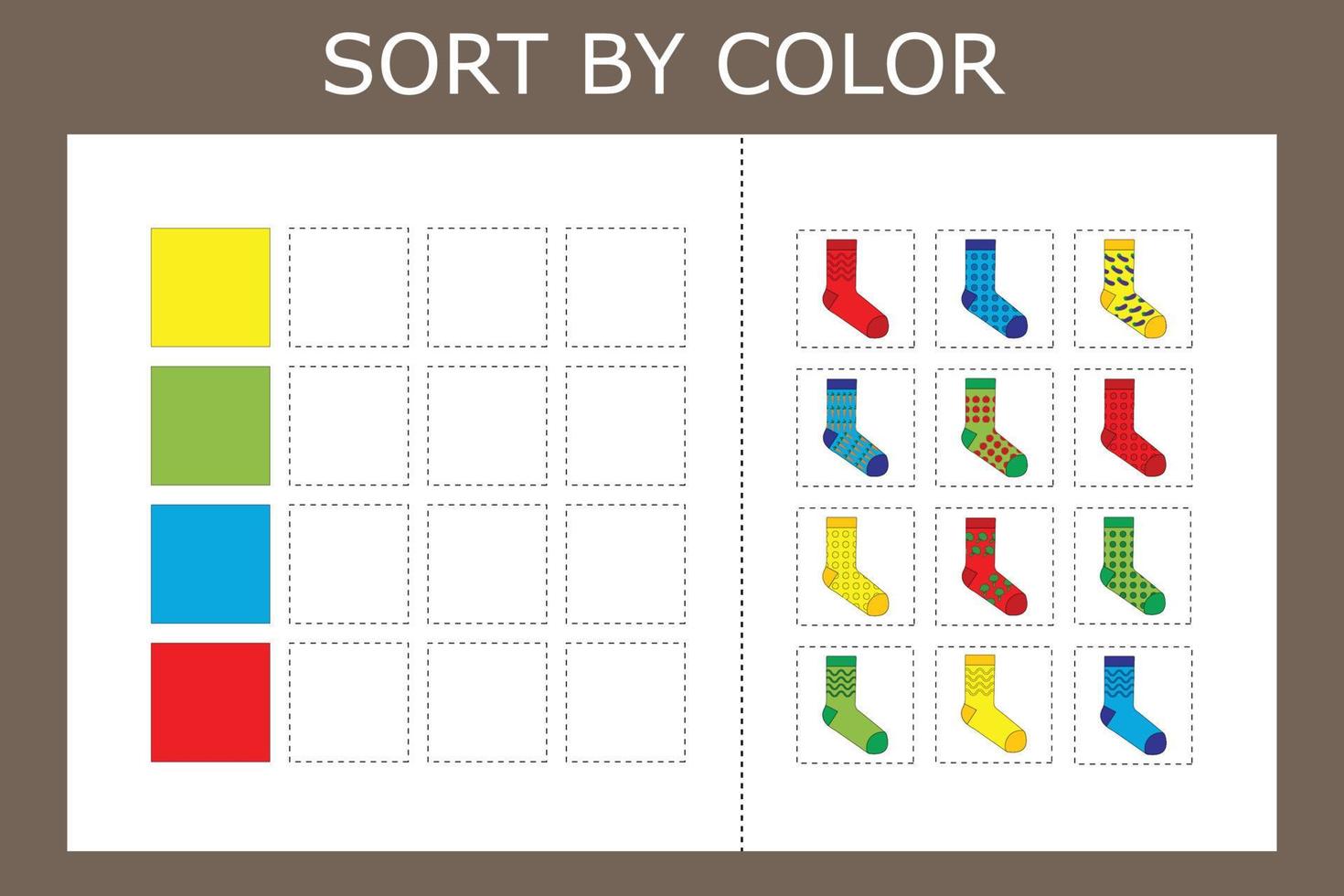 sortera strumpor efter färg. logikspel för barn. vektor