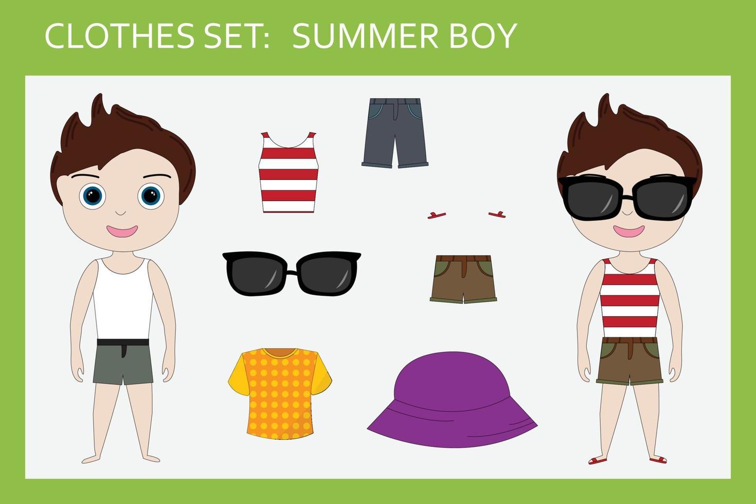 ett set kläder till en liten glad pojke för sommaren vektor