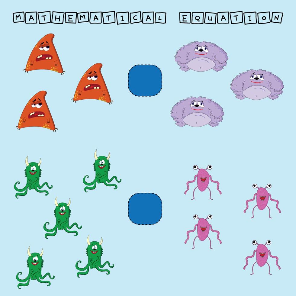 utveckla aktiviteter för barn, jämför vilka fler monster. logikspel för barn, matematiska ojämlikheter. vektor