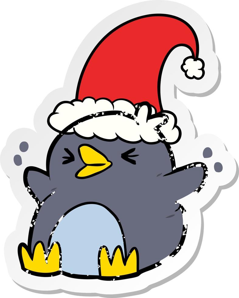 beunruhigter Aufkleber eines Cartoon-Pinguins mit Weihnachtsmütze vektor