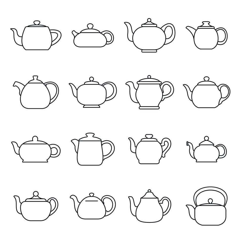 Wasserkocher Teekanne Icons Set, Outline-Stil vektor