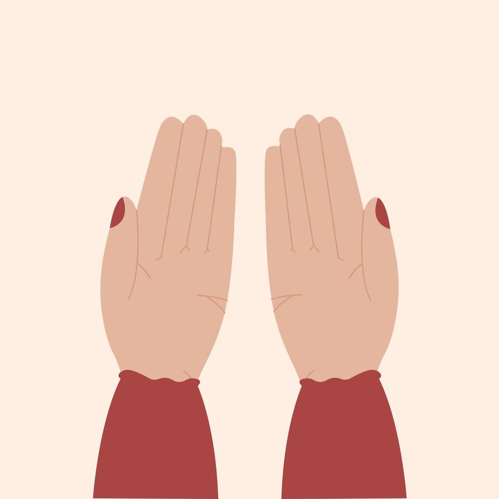 öppna händer dua bön illustration. islamisk bön symbol isolerad vektorillustration på ljusrosa bakgrund. muslimsk kvinna som utför bönen och öppna händer. vektor