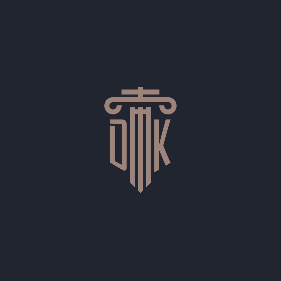 dk initialt logotypmonogram med pelarstilsdesign för advokatbyrå och rättviseföretag vektor