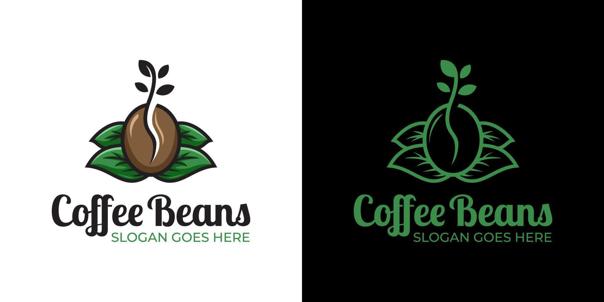 färska kaffebönor med blad och växt för kaféträdgårdslogotypdesign vektor