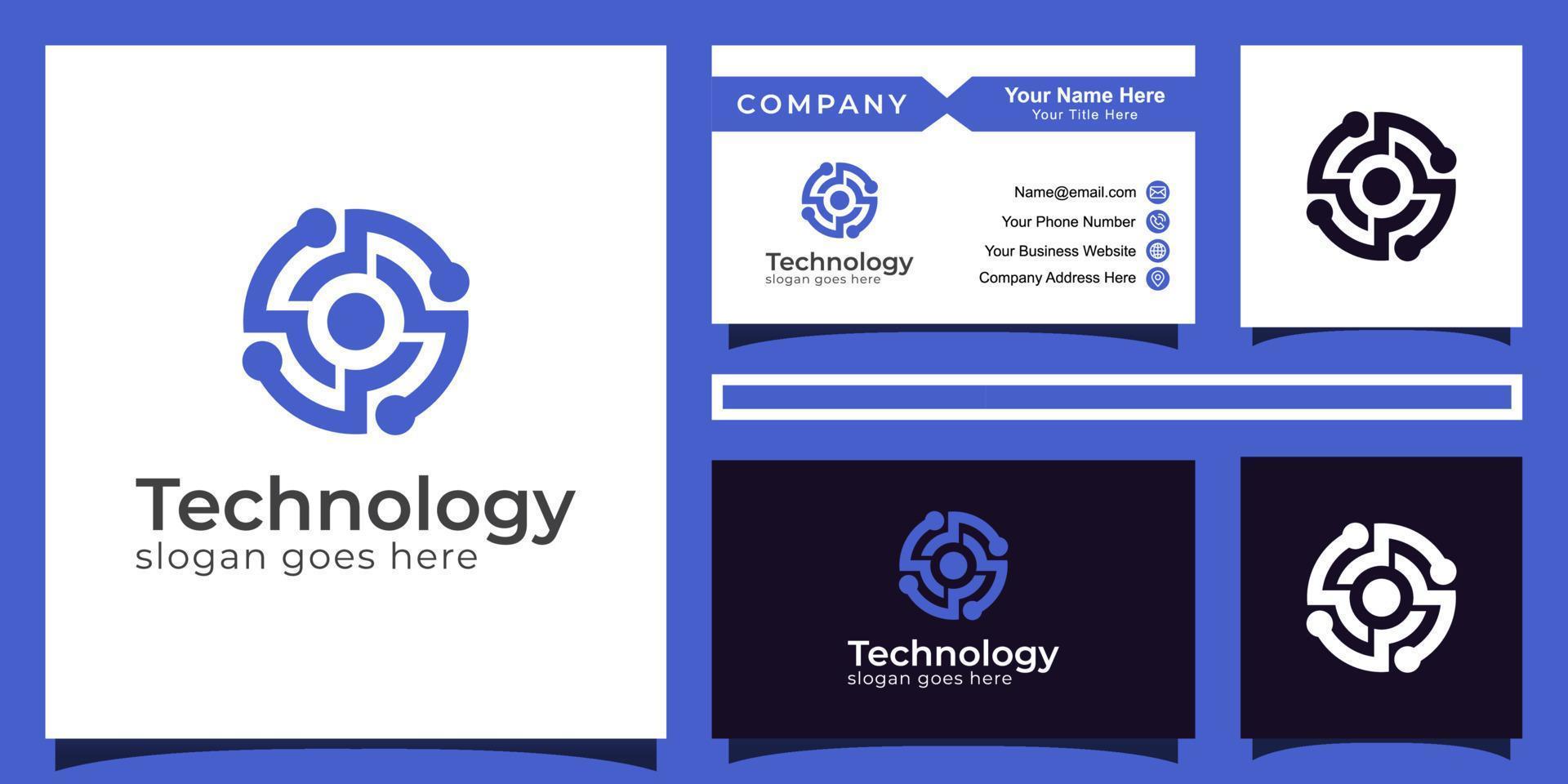 Farbverlaufskreis-Technologie blaues Logo-Design des abstrakten Buchstaben o, Eye-Tech-Logo-Vektor mit Visitenkarte vektor