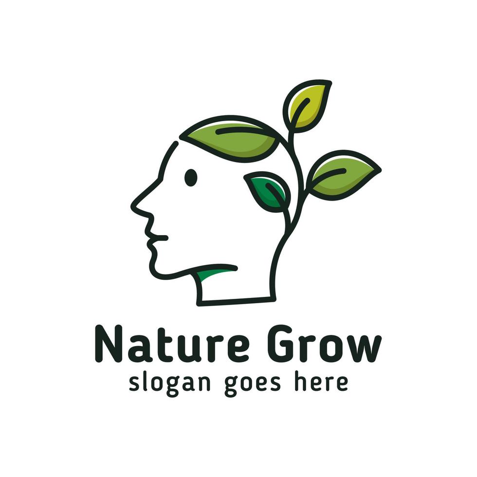 Natur wachsender Geist mit Menschengesicht, modernes Strichkunst-Smart-Wachstum-Logo-Design vektor