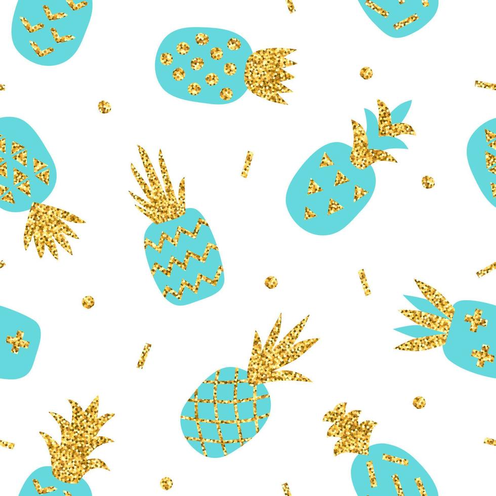 kreativa sömlösa mönster av blå ananas med guld glitter textur. skandinavisk snygg bakgrund. vektor illustration med handritad söt ananas. trendigt tryck