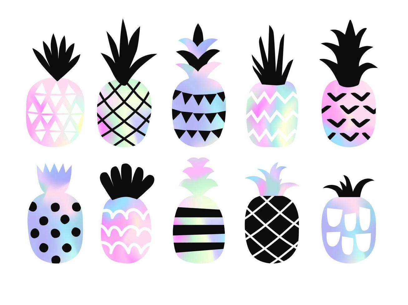 uppsättning söta ananas med holografisk textur. kreativ snygg bakgrund, trendig gradient. vektor illustration