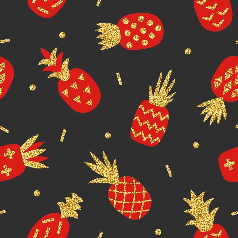 kreativa sömlösa mönster av röd ananas med guld glitter textur på svart bakgrund. geometrisk prydnad, snygg bakgrund. vektor illustration med handritad söt ananas