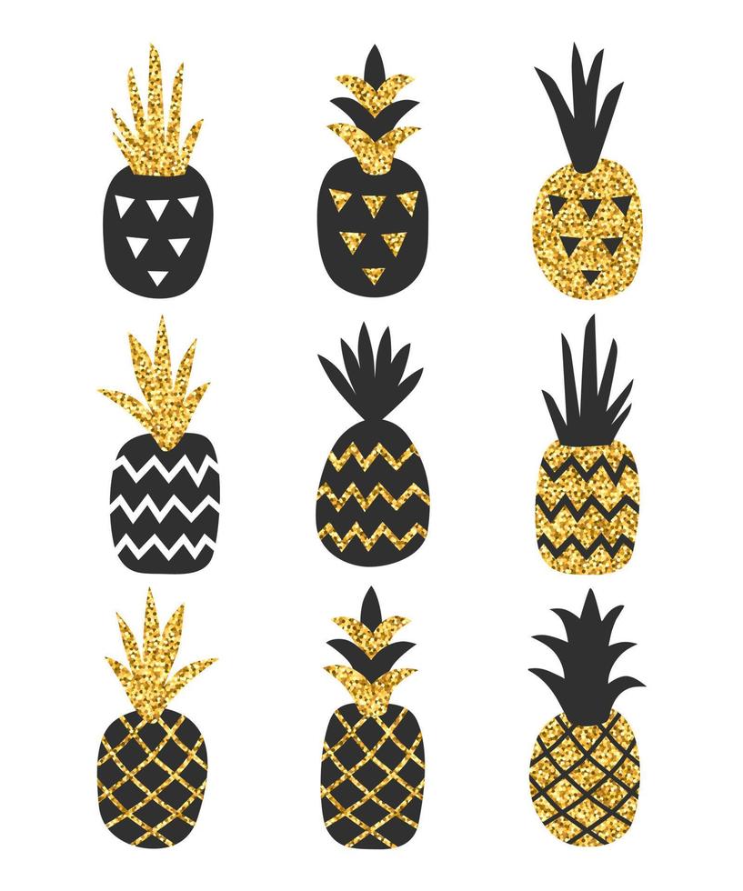 kreativa pineaooles på vit bakgrund med guld glitter textur. skandinavisk snygg bakgrund med handritad geometrisk ananas. vektor illustration