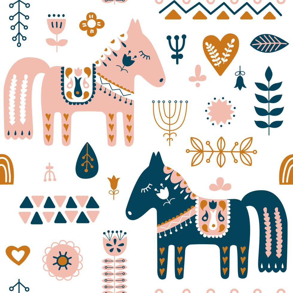 handritad sömlös folkkonstmönster. nordiskt upprepande mönster med dalahäst och skog blommiga element. vektor illustration.