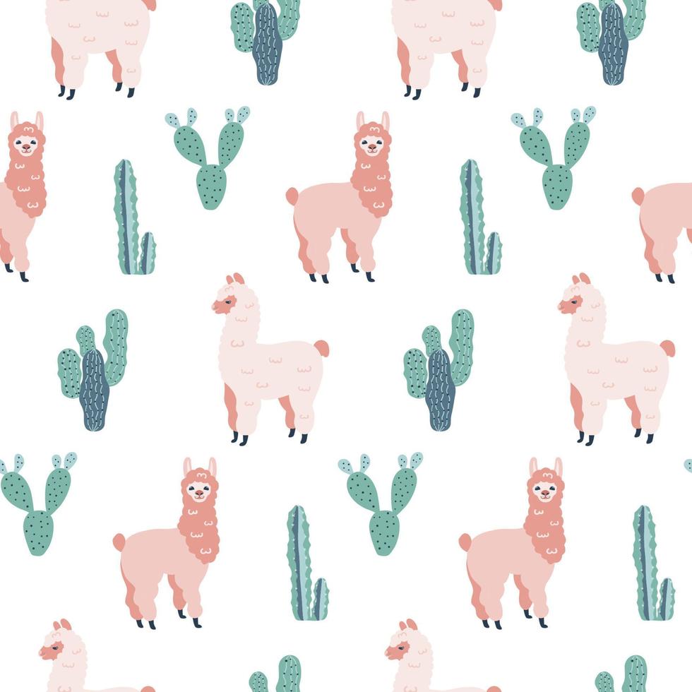 moderna sömlösa handritade mönster med alpackor och kaktusar. barnslig konsistens. bra för tyg, textil vektorillustration vektor