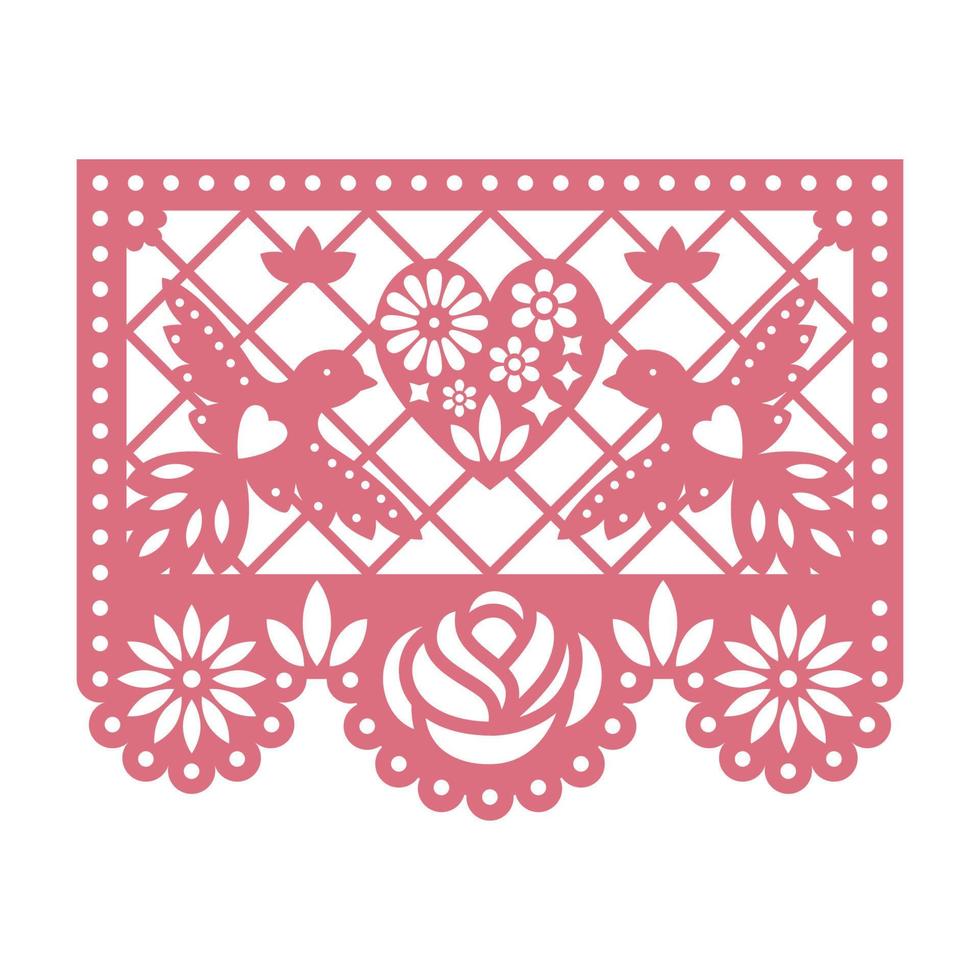 papiergrußkarte mit ausgeschnittenen blumen, tauben und herz. Papel Picado-Vektorschablonendesign lokalisiert auf weißem Hintergrund. Traditionelle mexikanische Papiergirlande. vektor