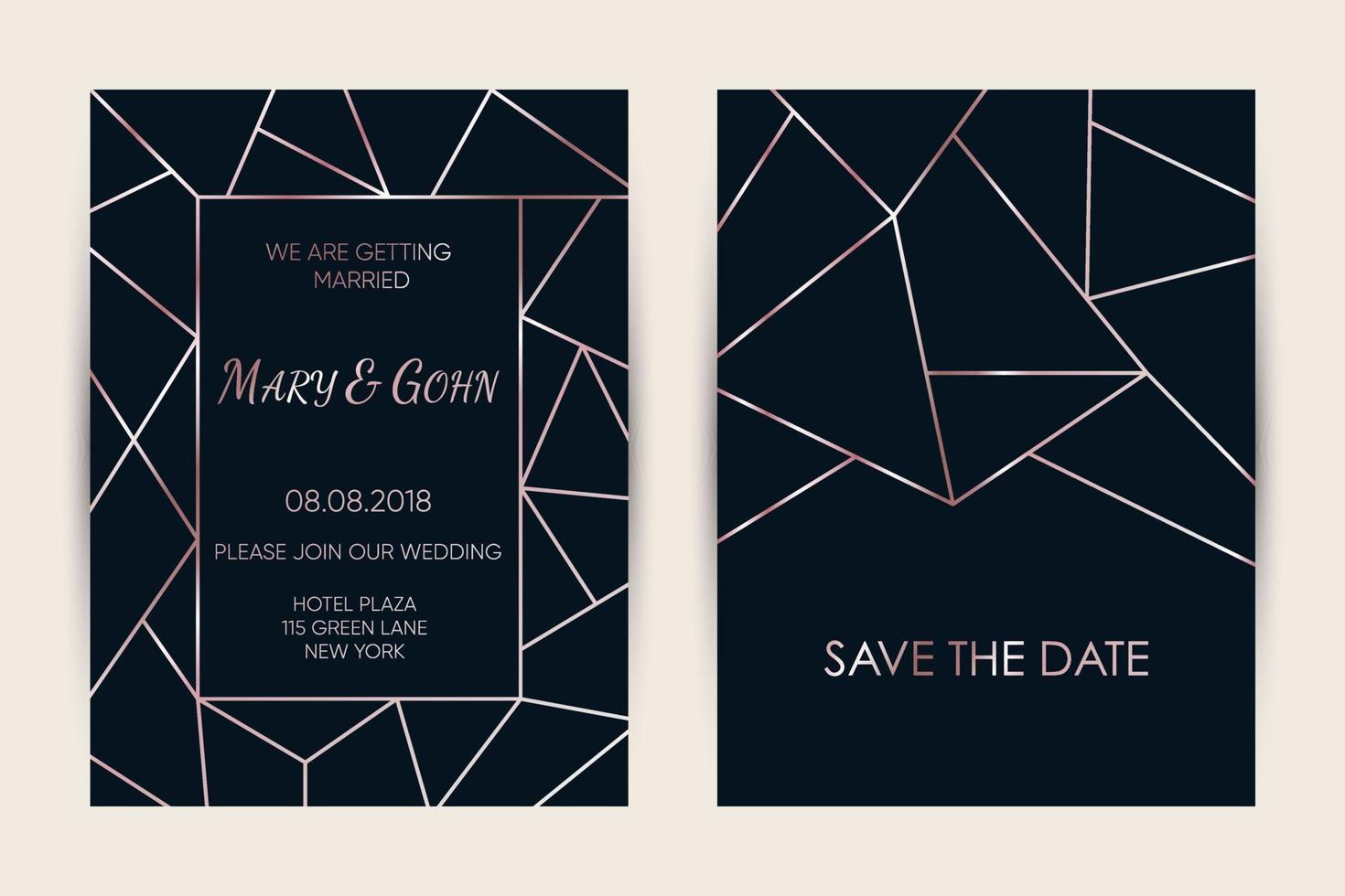 Hochzeitseinladungskarten-Set. moderne Designvorlage mit geometrischem Muster aus Roségold. elegante hochzeitseinladung. Vektor-Illustration. vektor