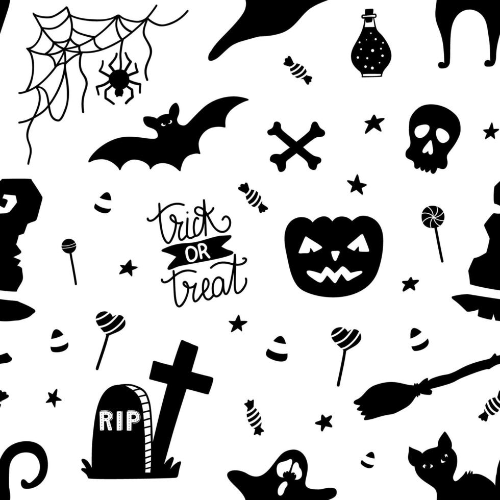 svart och vitt sömlöst mönster för halloween med pumpa, godis, spöke, spindel, fladdermus, häxhatt, katt, skalle, ben. handritade doodles print. vektor tapet.