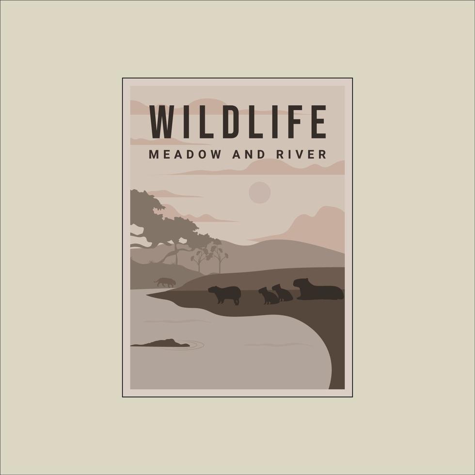 capybara i floden krokodil vintage affisch minimalistisk vektor mall grafisk design. vilda djur utomhus äng banner för äventyr eller miljö koncept